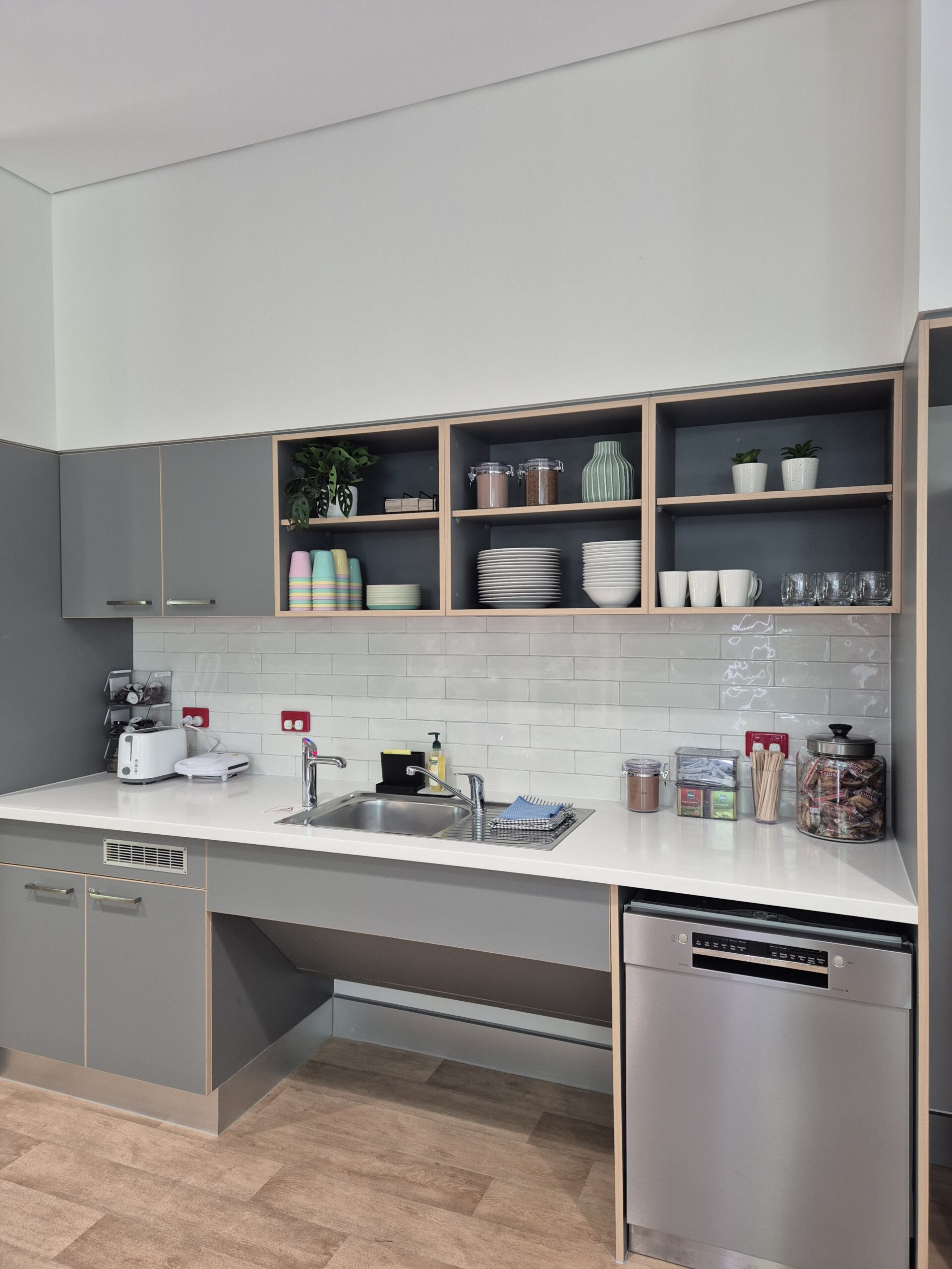 Kitchen stocked with Grab&Go meals and complimentary beverages
