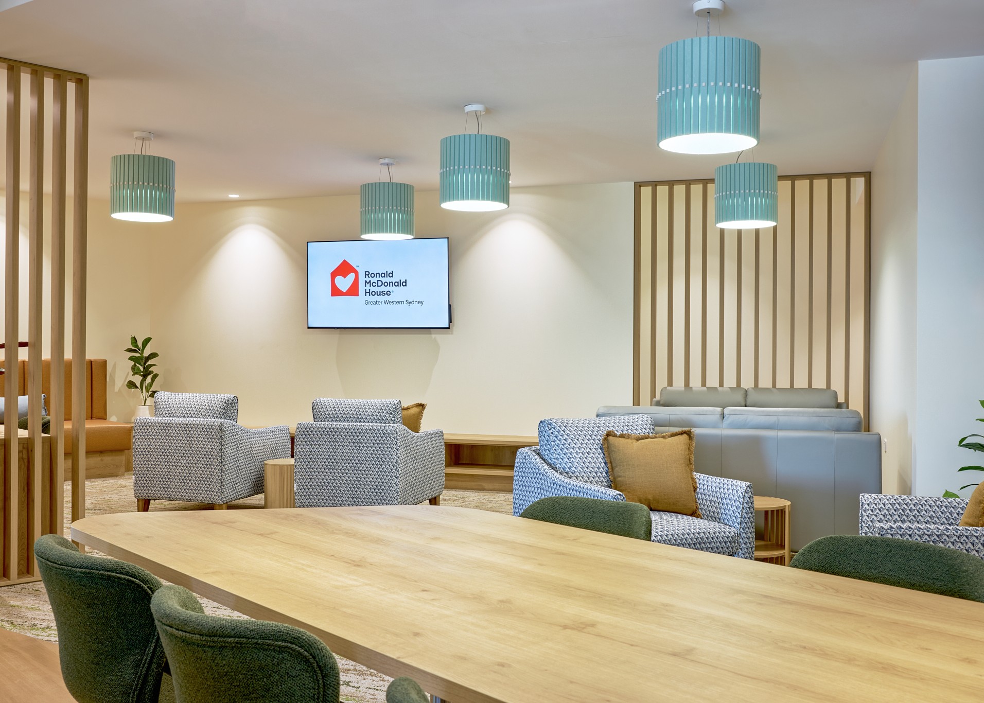 Open plan dining and lounge areas at Ronald McDonald House Greater Western Sydney Family Accommodation, The Children's Hospital at Westmead