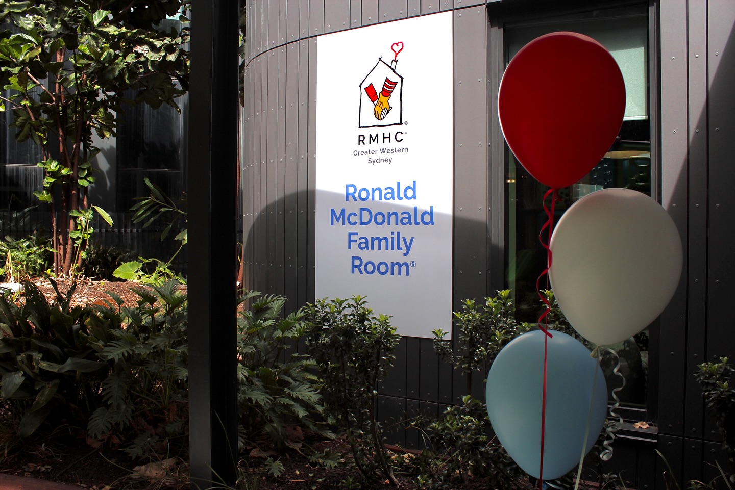 Outdoor signage of the Ronald McDonald Family Room at The Children's Hospital at Westmead