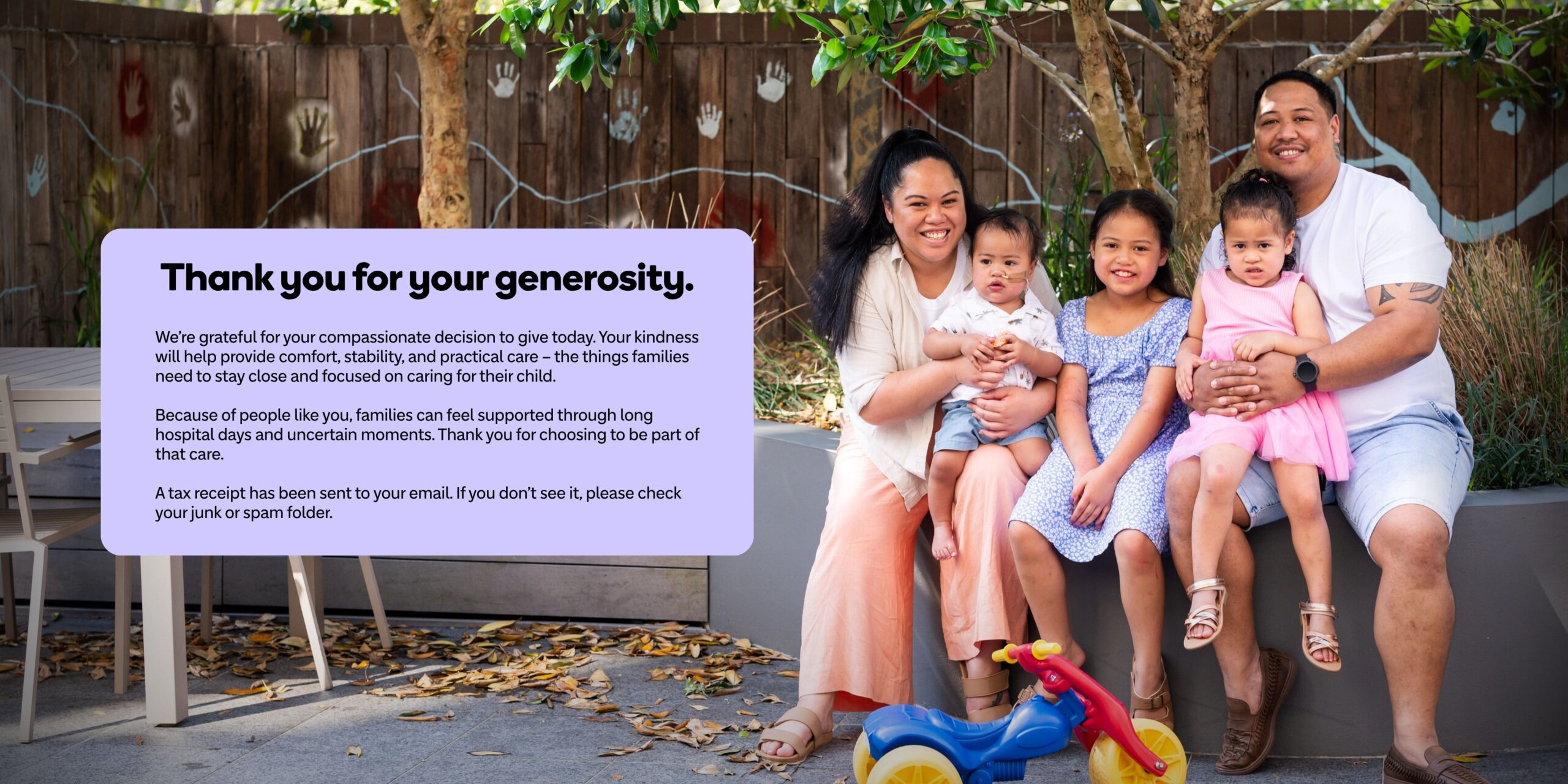 Thank you message to donors who have made a donation to Ronald McDonald House Greater Western Sydney