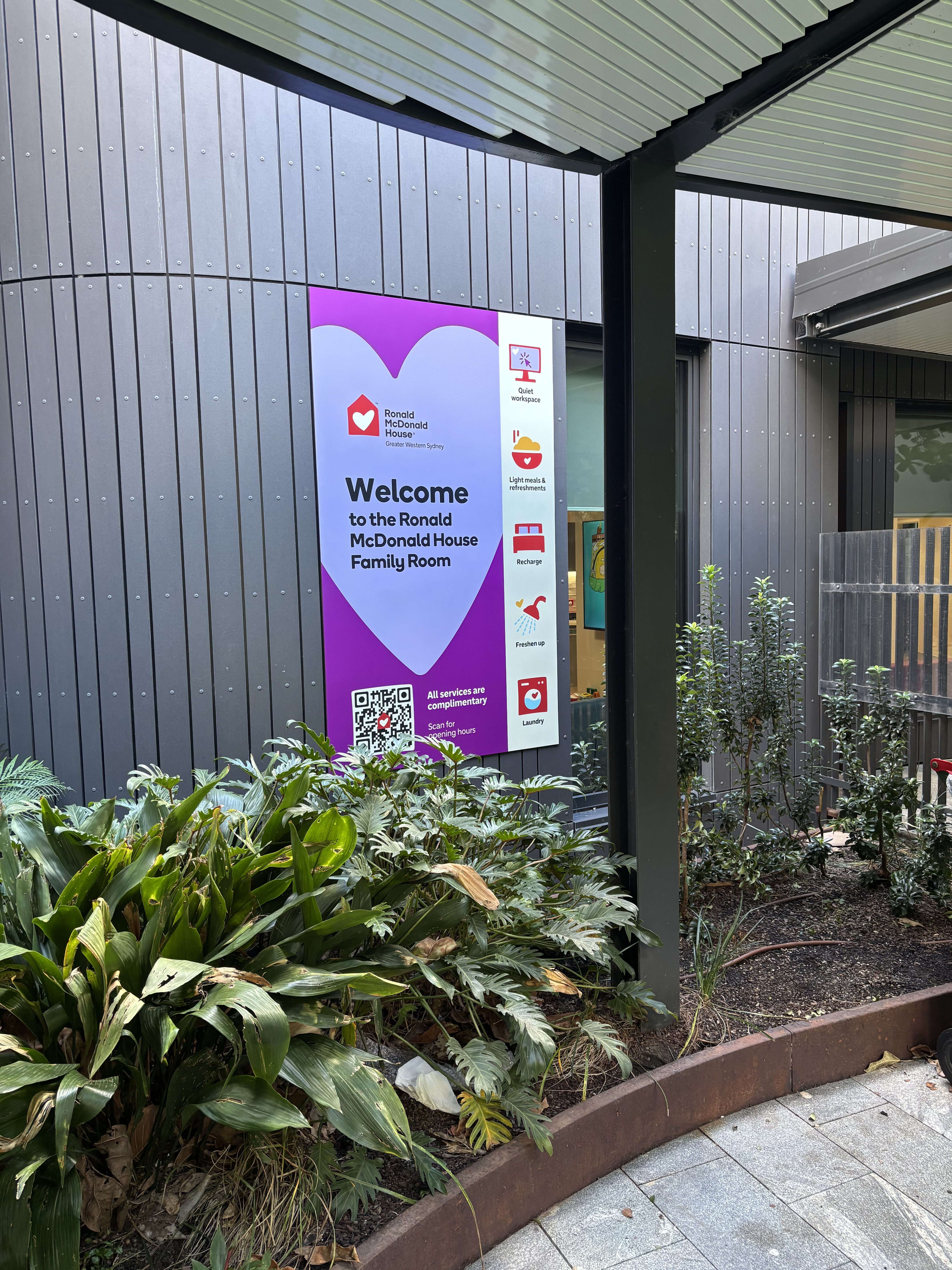 Outdoor signage of the Ronald McDonald House Greater Western Sydney Family Room, The Children's Hospital at Westmead